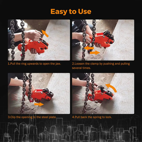 Orange BEAMNOVA 2-ton vertical plate lifting clamp with chain lifting setup, front view