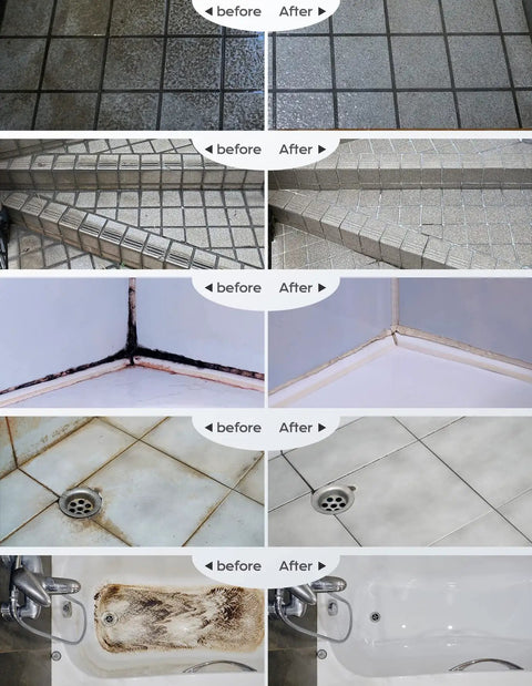 Before and after cleaning tiles and grout with Cordless Electric Spin Scrubber With Dual Speed Settings for bathroom cleaning