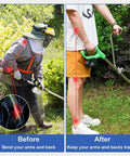 Comparison of using Ergonomic Weed Eater Handle Grip For Trimmers With Adjustable Position And Bracket Clamp Upgrade Easy Install Weeder Lawn Trimmer Improve Posture And Cut Longer With Less Strain Silver before and after, showing improved posture.