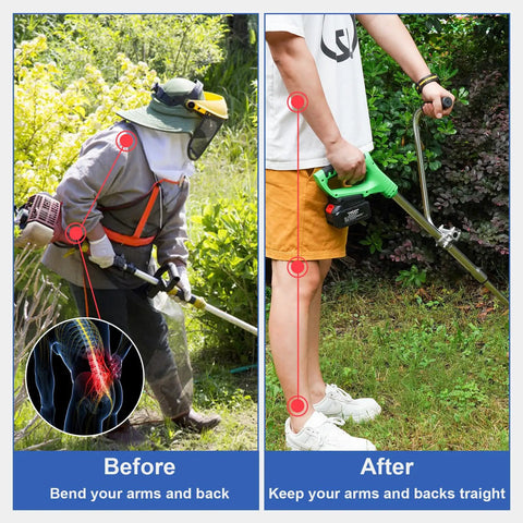 Comparison of using Ergonomic Weed Eater Handle Grip For Trimmers With Adjustable Position And Bracket Clamp Upgrade Easy Install Weeder Lawn Trimmer Improve Posture And Cut Longer With Less Strain Silver before and after, showing improved posture.