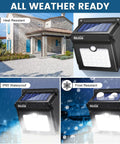 Solar Outdoor Security Lights Wireless Motion Sensor Waterproof LED Path Lighting for Front Door Backyard Steps Garage Garden with 400LM Output 4 Pack Durable Weatherproof Design showing durability in various weather conditions