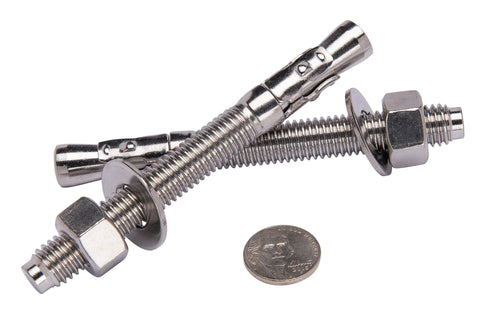 Two stainless steel 1/2 in x 4-1/2 in wedge anchor bolts with nuts and washers
