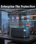 Beefy Eight Bay Nas Server With Snappy Quad Core Processor And Four Gigs Of Memory Expanding To Sixteen Gb Wired With Dual Ten Gigabit Ethernet Ports For Speedy File Swaps And Rock Solid Everyday Backups shown on a desk with enterprise file protection interface.