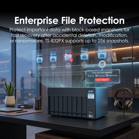 Beefy Eight Bay Nas Server With Snappy Quad Core Processor And Four Gigs Of Memory Expanding To Sixteen Gb Wired With Dual Ten Gigabit Ethernet Ports For Speedy File Swaps And Rock Solid Everyday Backups shown on a desk with enterprise file protection interface.