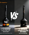 Rock Solid Heavy Duty T Forty Impact Torx Socket Set Long Star Bits Half Inch Drive With Epoxy Fill Markings comparison of Crosstar T40 and standard alloy steel durability.