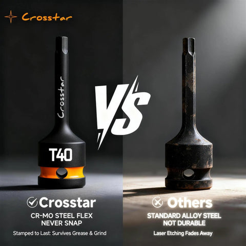 Rock Solid Heavy Duty T Forty Impact Torx Socket Set Long Star Bits Half Inch Drive With Epoxy Fill Markings comparison of Crosstar T40 and standard alloy steel durability.