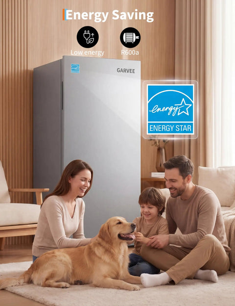 11 Cubic Foot Convertible Upright Fridge And Freezer Freestanding Setup in family living room with kids and dog.