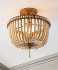 14 Inch Antique Gold And Light Taupe Wood Beaded LED Semi Flush Mount Ceiling Light With Cream Wood Bead Shade Boho Farmhouse Vibe