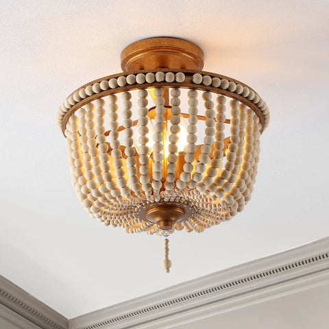 14 Inch Antique Gold And Light Taupe Wood Beaded LED Semi Flush Mount Ceiling Light With Cream Wood Bead Shade Boho Farmhouse Vibe