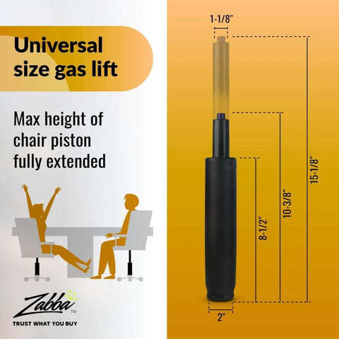 Diagram of Heavy Duty Class 4 Gas Cylinder Replacement Kit for Desk and Gaming Chairs with Universal Fit and measurements.