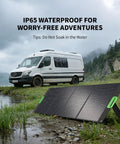 200W Portable Solar Panel For Power Station Foldable Solar Charger with kickstands by a van in a scenic landscape