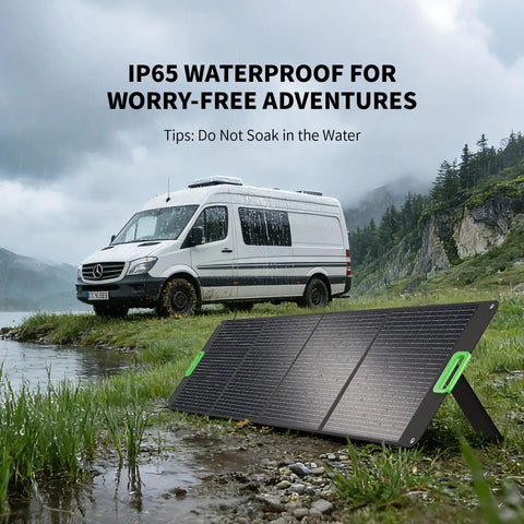 200W Portable Solar Panel For Power Station Foldable Solar Charger with kickstands by a van in a scenic landscape
