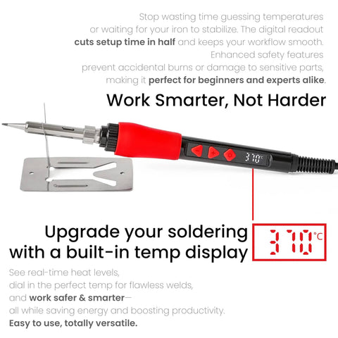 60W 120V Soldering Iron Kit With Digital LED Display 5 In 1 showing red handle and temperature readout at 370°C