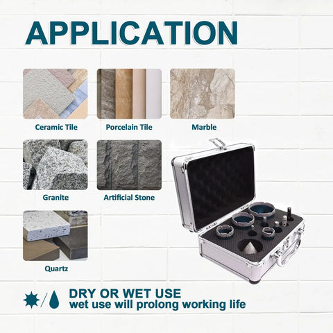 Pro Grade Diamond Core Drill Bits Kit For Tile And Stone, Ten Piece Set in open case with tile applications on display.