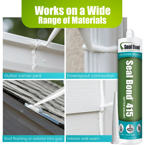 Gutter And Seam Sealant White For Weatherproofing And Flexible Bonding 100 Percent Solids No Shrinkage Safe To Use Solvent And Isocyanate Free Ultra Low VOC Minimal Dirt Pickup Ideal For Roofs Gutters And Siding shown sealing gutter joints