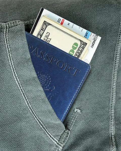 RFID Blocking Passport Wallet With Card Slots And Document Organizer Must Have Travel Essential, navy holder in pocket with passport