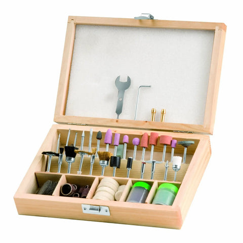 Shop Ready Double Wheel Bench Grinder With Adjustable Spark Arresters And Heavy Duty Tool Rests Featuring Full Safety Shrouds Plus Four Rugged Grip Rubber Mounts For Serious Grinding And Polishing Jobs tool accessory kit with assorted grinding and polishing bits in wooden case.