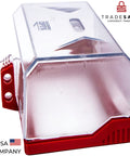 No Nonsense Emergency Stop Button Lockout Cover for Industrial Safety transparent rectangular guard, red and clear polycarbonate