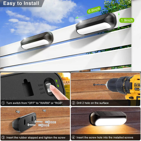 Solar Fence Lights Outdoor Waterproof 4 Pack With Warm White And RGB Color Changing Modes shown in installation process