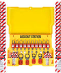 No Fuss Lockout Tagout Station And Group Safety Kit Featuring Osha Compliant Pads Hasps Tags And Hooks Job Site Ready with locks and warning labels.