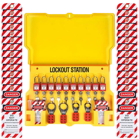 No Fuss Lockout Tagout Station And Group Safety Kit Featuring Osha Compliant Pads Hasps Tags And Hooks Job Site Ready with locks and warning labels.