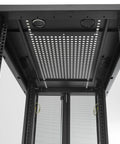 Inside view of Solid As A Rock 25U Server Rack Cabinet With Spacious 37 Inch Depth showcasing mesh design and cable management.
