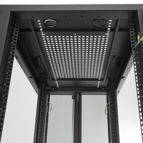 Inside view of Solid As A Rock 25U Server Rack Cabinet With Spacious 37 Inch Depth showcasing mesh design and cable management.
