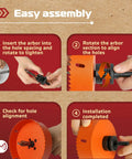 MonoPro Bi-Metal Hole Saw assembly infographic showing easy steps; silicone dust bowl, orange saw, black arbor