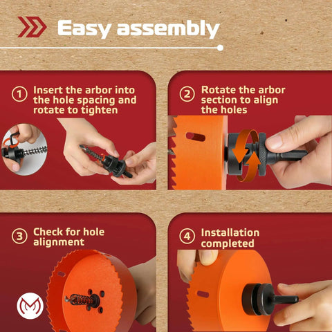 MonoPro Bi-Metal Hole Saw assembly infographic showing easy steps; silicone dust bowl, orange saw, black arbor
