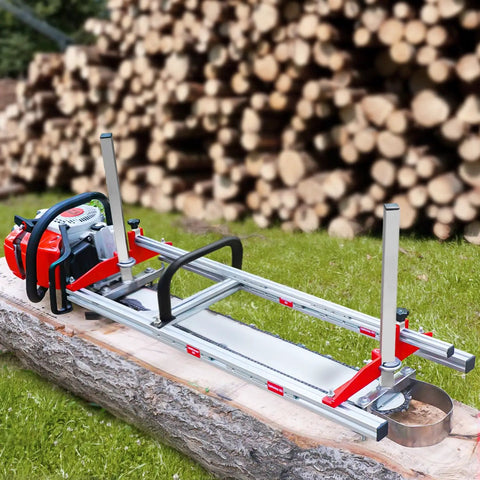 Chainsaw Mill 2.0 Portable Sawmill With Comfort Handle on log, aluminum and steel, fits 14-36 inch planking bar, cutting guide