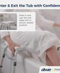 Tub Transfer Bench With U Shaped Cutout Guard Keeps Shower Curtain Inside Tub No Spill Design Adjustable Height Reversible Layout 400 Lb Capacity Safe Bathing Aid For Easy Entry And Exit White, user seated on bench edge