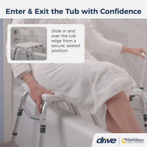 Tub Transfer Bench With U Shaped Cutout Guard Keeps Shower Curtain Inside Tub No Spill Design Adjustable Height Reversible Layout 400 Lb Capacity Safe Bathing Aid For Easy Entry And Exit White, user seated on bench edge