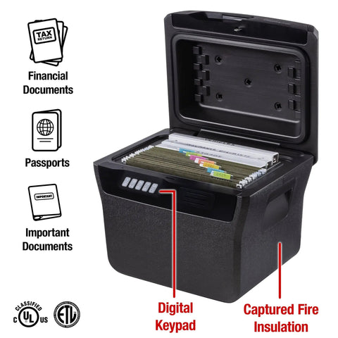 Charcoal Gray Waterproof And Fireproof Safe With Digital Keypad Lock Box For Documents And Hanging File Folders, open view, ETL certified.