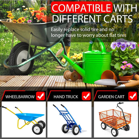 Flat Free 14.5 Inch Wheelbarrow Tire And Wheel Replacement for garden carts and dollies in outdoor setting with flowers