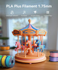 SUNLU PLA Plus 1.75mm filament spools, 1kg, assorted colors; several spools beside a pastel 3D-printed carousel.