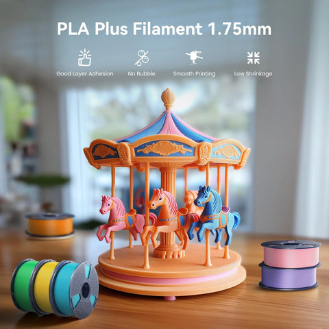 SUNLU PLA Plus 1.75mm filament spools, 1kg, assorted colors; several spools beside a pastel 3D-printed carousel.