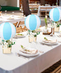 Dope DIY Hot Air Balloon Centerpieces Kit With 12 Blue And White Striped Paper Lanterns 12 Wooden Baskets And 50 Wooden Sticks For Baby Shower Gender Reveal First Birthday Wedding And Graduation Party Decor displayed on a table.
