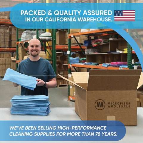 Smiling person holding blue microfiber cloths in warehouse, next to open box labeled Microfiber Wholesale. Packed & Quality Assured banner.