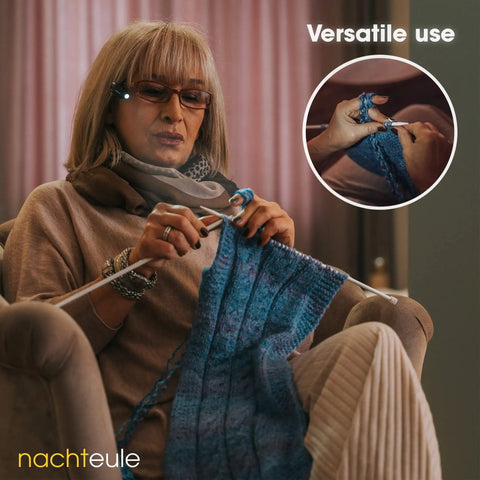 Woman knitting wearing rechargeable reading light clip on for glasses or headphones with LED book light, award winning design