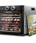 Real Deal Professional Grade Food Dehydrator Featuring Eight Heavy Duty Stainless Steel Trays And No Sweat Digital Controls, showing jerky and fruit.