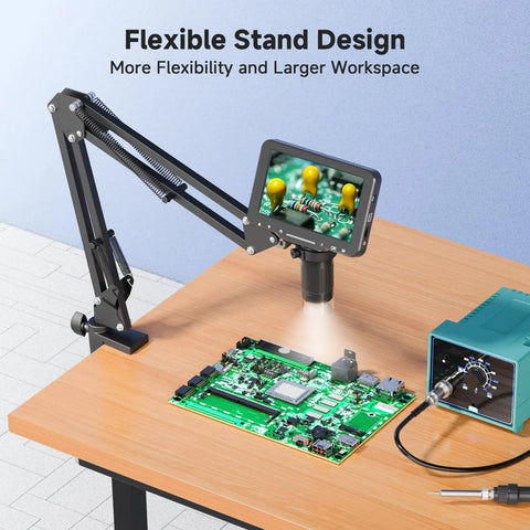 5 Inch LCD Digital Soldering Microscope With Flexible Stand, 1000X Magnification for electronics repair, PC view, showing circuit board.