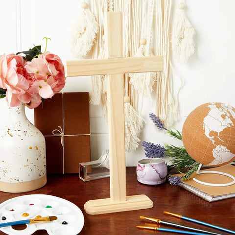 Killer Natural Unfinished Wood Crosses For Arts And Crafts Projects And 2 Pack Measuring 7.9 X 15.5 Inches on a styled tabletop.