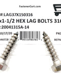 Beefy 316 Stainless Steel Hex Head Lag Bolts Marine Grade Lag Screws For Outdoor Decks Boats And Heavy Duty Marine Projects, 3/8 In By 1-1/2 In, 10 Piece Set In Resealable Bags