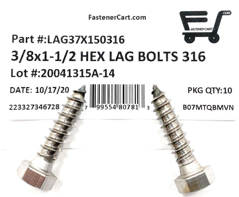 Beefy 316 Stainless Steel Hex Head Lag Bolts Marine Grade Lag Screws For Outdoor Decks Boats And Heavy Duty Marine Projects, 3/8 In By 1-1/2 In, 10 Piece Set In Resealable Bags