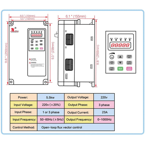 Heavy Duty 4.5KW ATC CNC Router Spindle With BT30 Mount And 24000RPM High Speed Air Cooled Body Paired With A 5.5KW VFD Driver dimensions and specifications diagram.