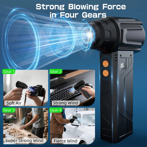Electric Air Duster With Flashlight And Display, 180000 RPM High Speed Blower, 4 Gear Settings illustrated with usage examples