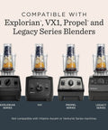 Personal Cup Adapter Kit For Full Size Blenders, BPA Free And Dishwasher Safe, shown with Explorian, VX1, Propel, and Legacy blenders.
