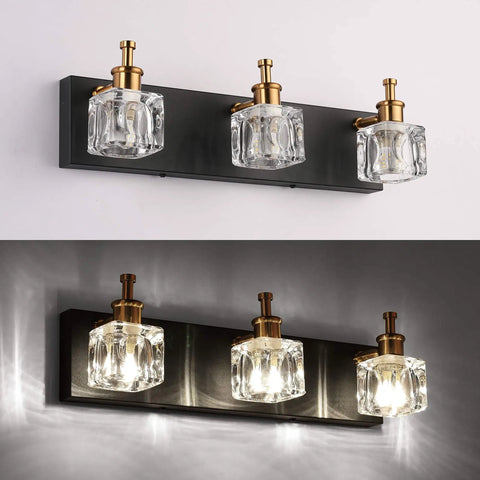 Modern Black LED Vanity Light Over Mirror With Adjustable Crystal Glass Shades 3 Light Bath Wall Fixture Waterproof Matte Black Frame For A Dope Sleek High End Bathroom Upgrade