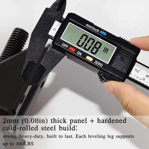 Caliper measuring 0.08 inches thickness of heavy duty adjustable leveling feet 4 pack black furniture levelers.