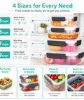 Stacked assortment of plastic food storage containers demonstrating various sizes and capacity, lids displayed separately.